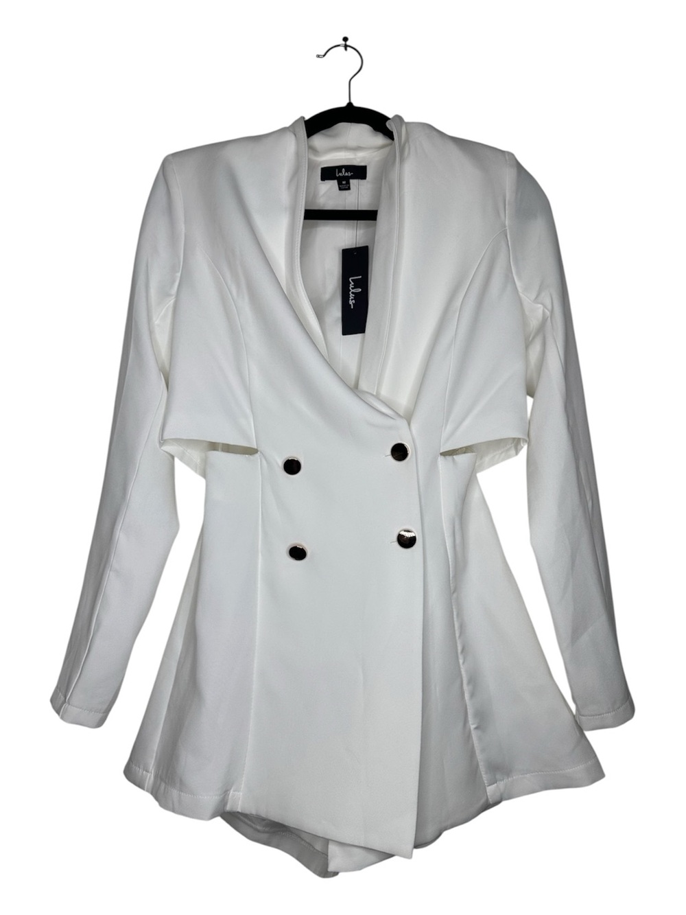 Lulu's White Double-Breasted Cutout Blazer Dress with Gold’s Buttons